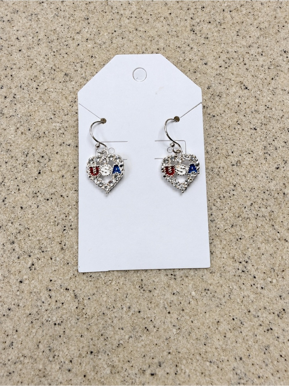 Patriotic USA Rhinestone Heart Dangle Earrings Red White Blue Silver Tone New - Picture 3 of 4